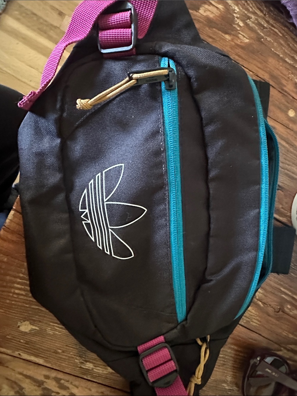 adidas Black Crossbody Sling Bag with Teal Zippers and Magenta Strap
